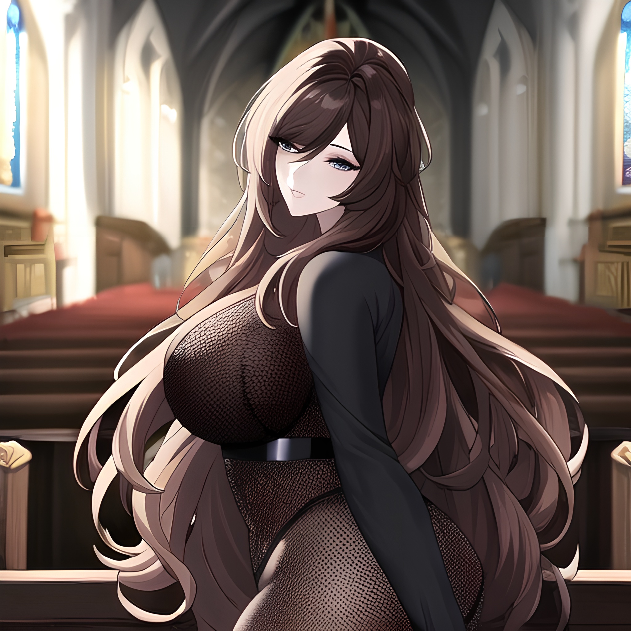 long hair church fishnet messy hair woman brunette