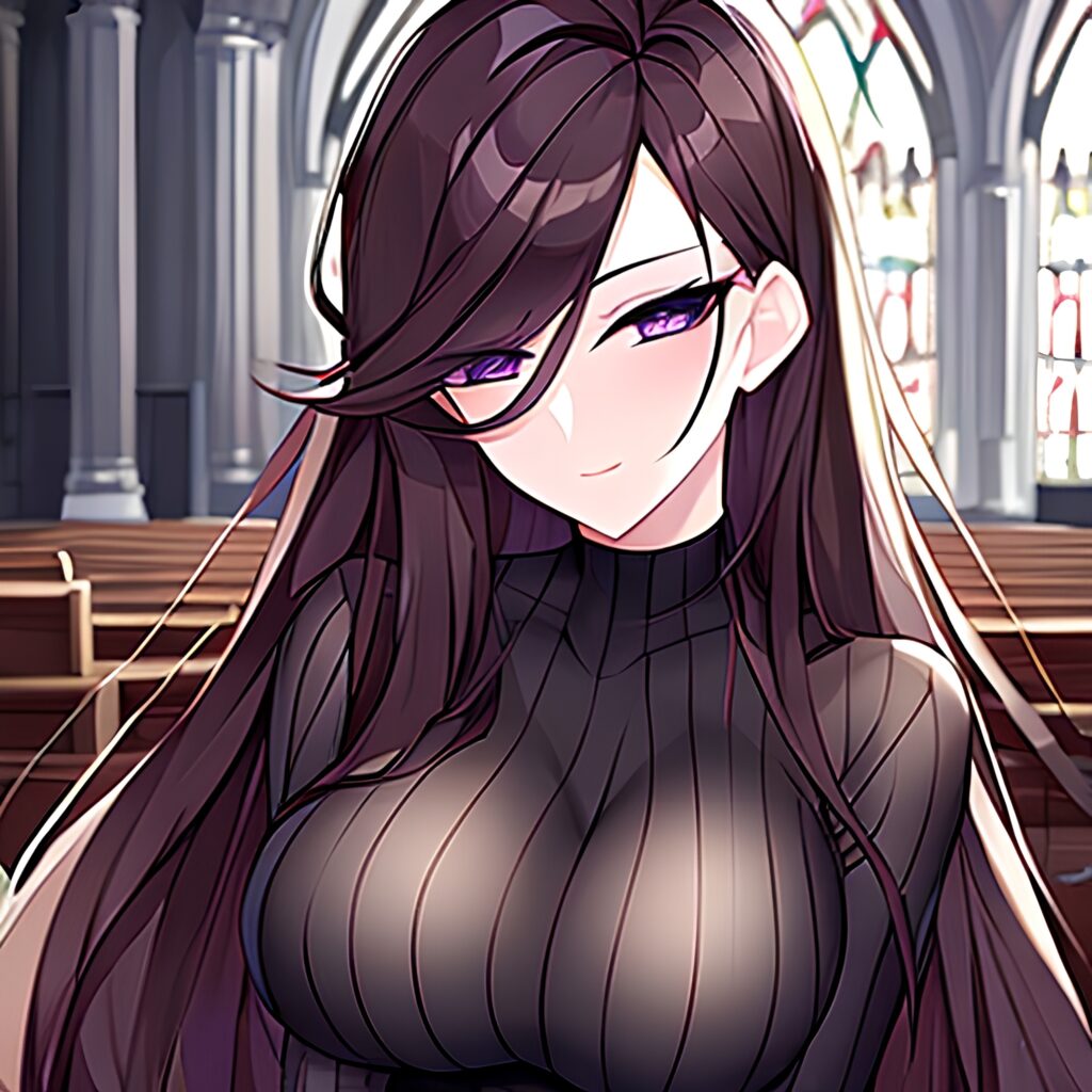 long hair church fishnet woman brunette messy hair 