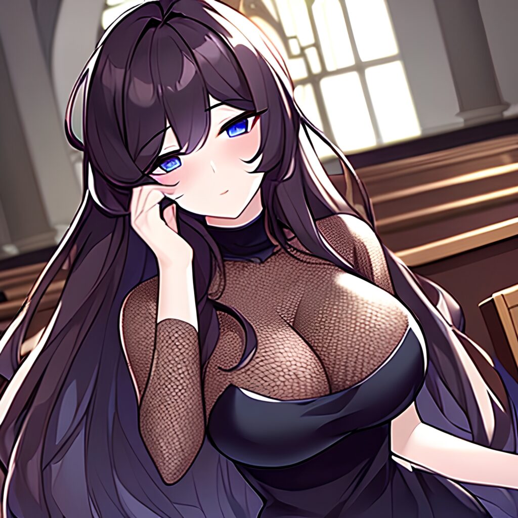 long hair church fishnet woman brunette messy hair