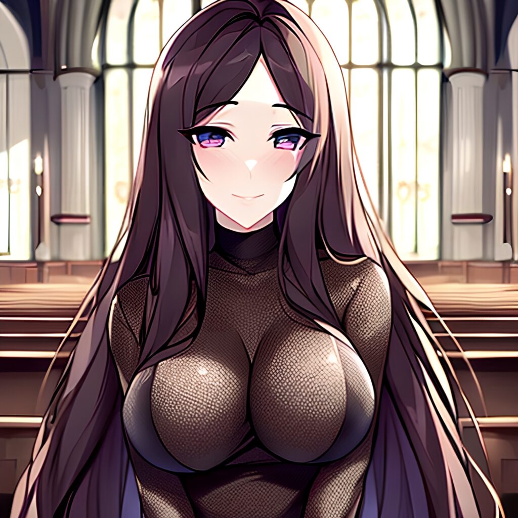 long hair church fishnet woman brunette messy hair 