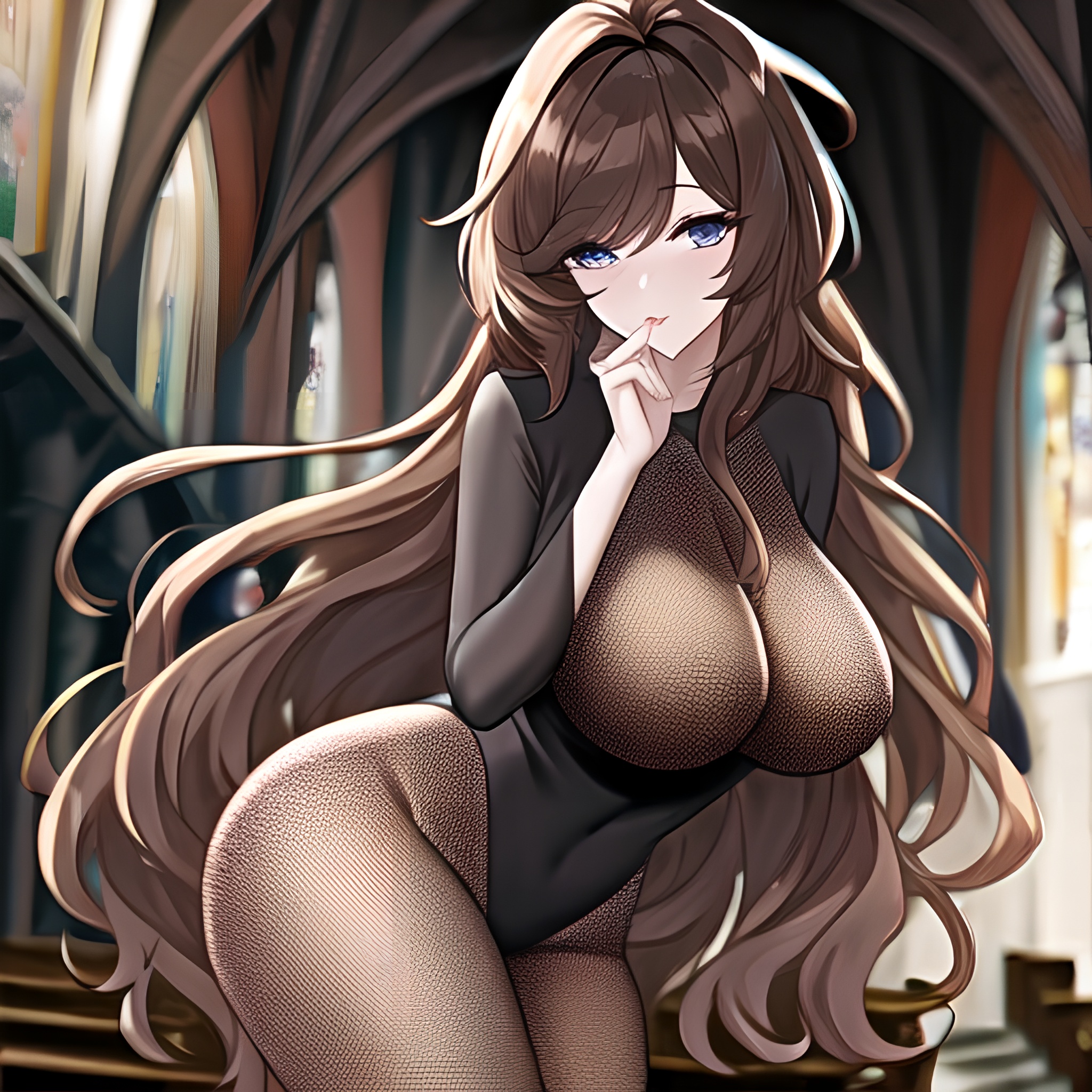 long hair church fishnet woman brunette messy hair 