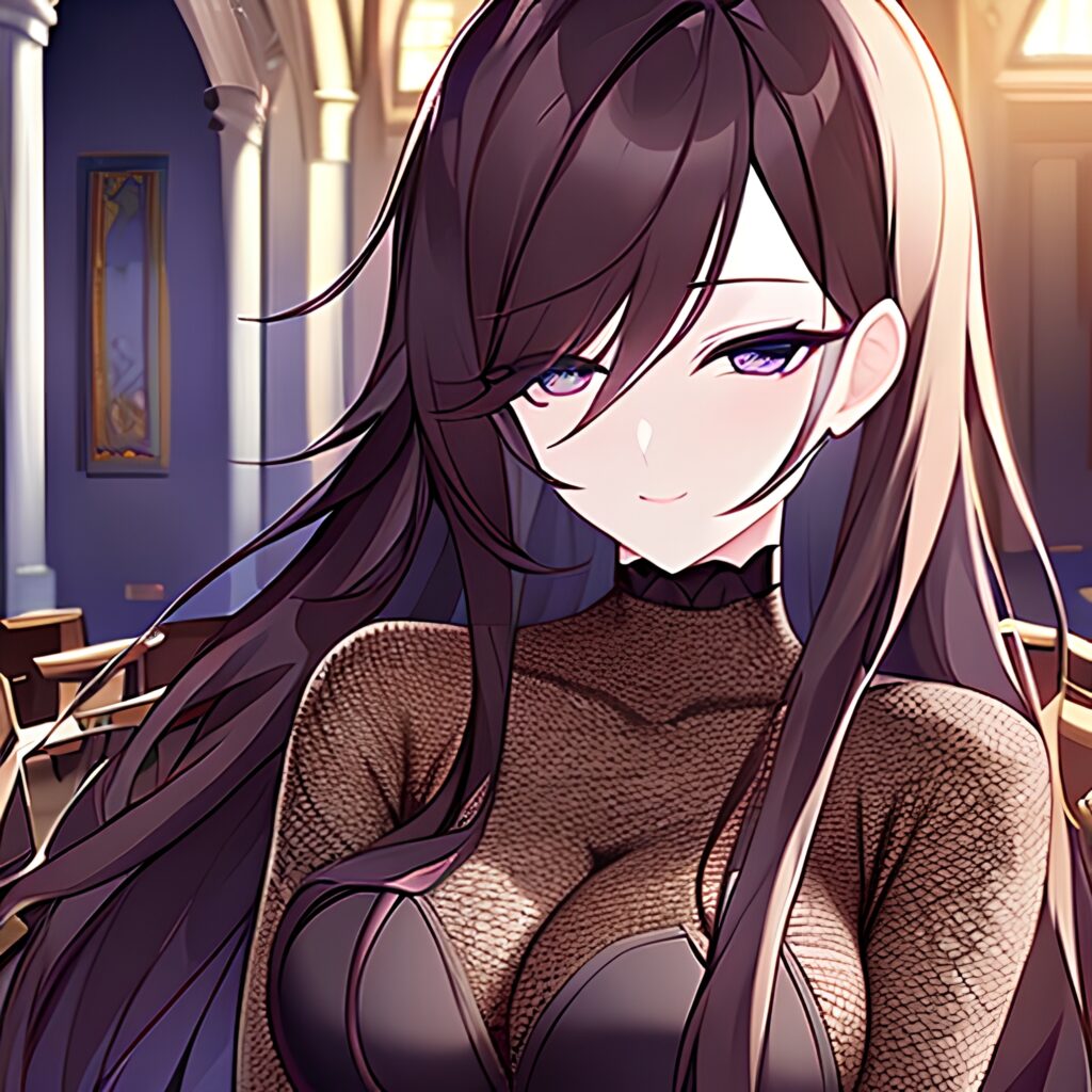 long hair church fishnet woman brunette messy hair