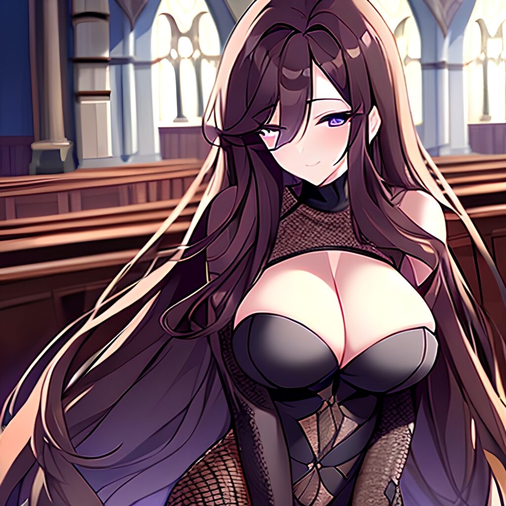 long hair church fishnet woman brunette messy hair 