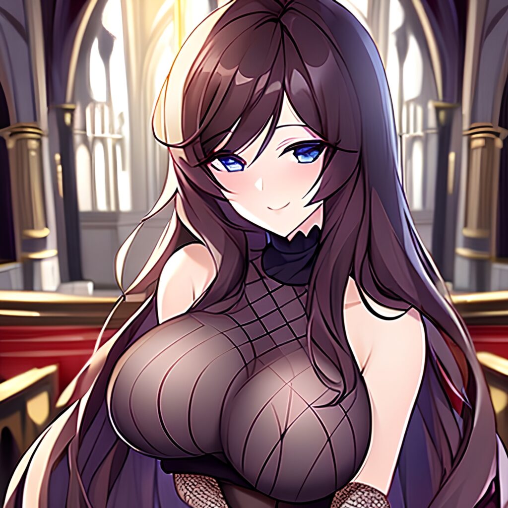 long hair church fishnet woman brunette messy hair 