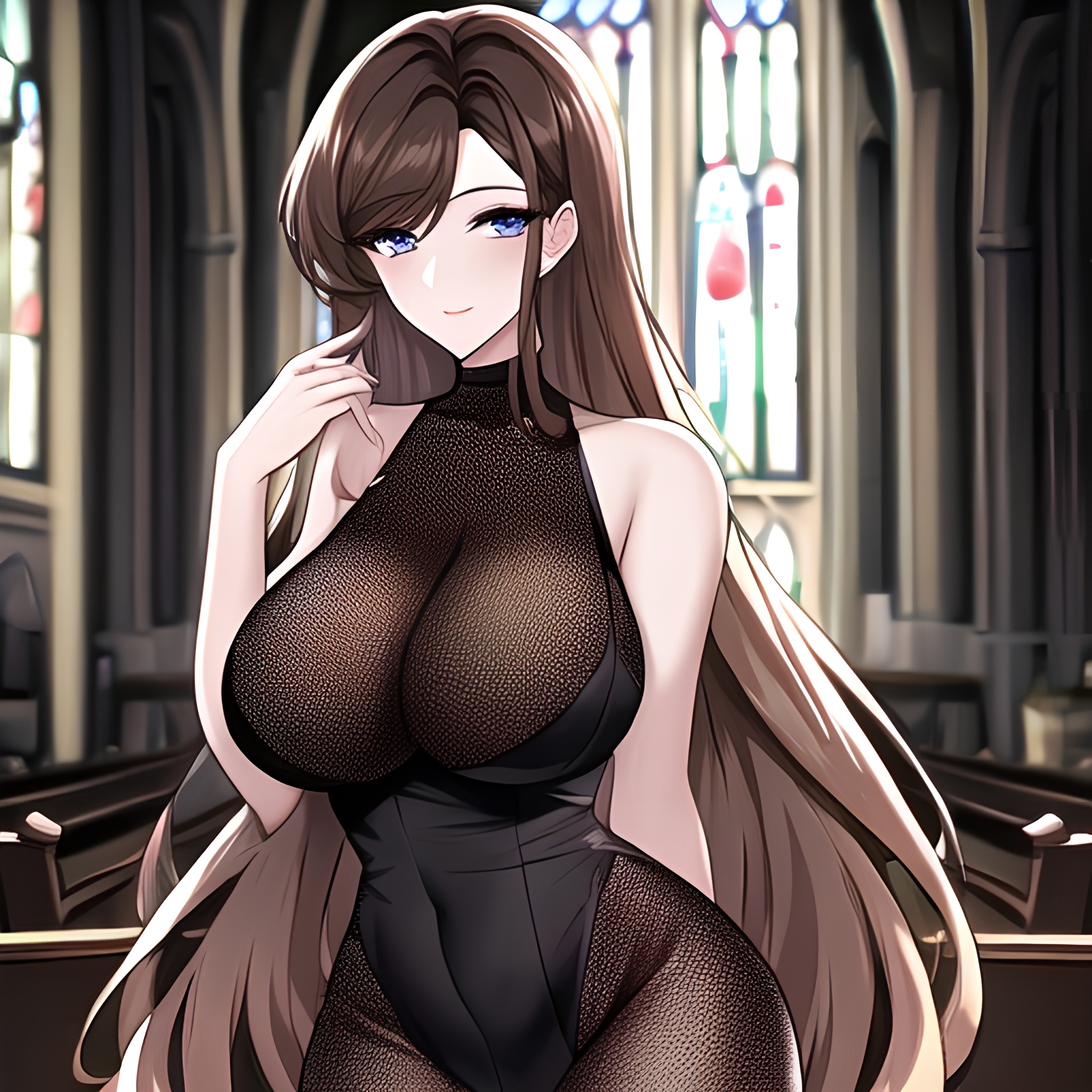 long hair church fishnet woman messy hair brunette 