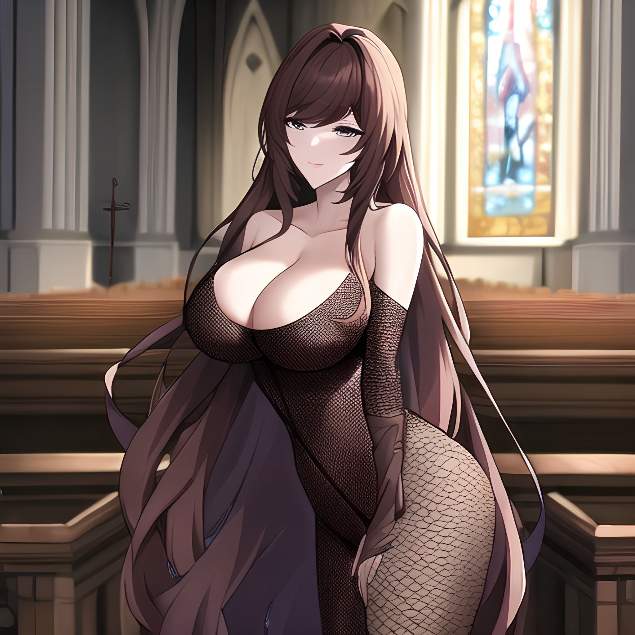 long hair church messy hair brunette fishnet woman 