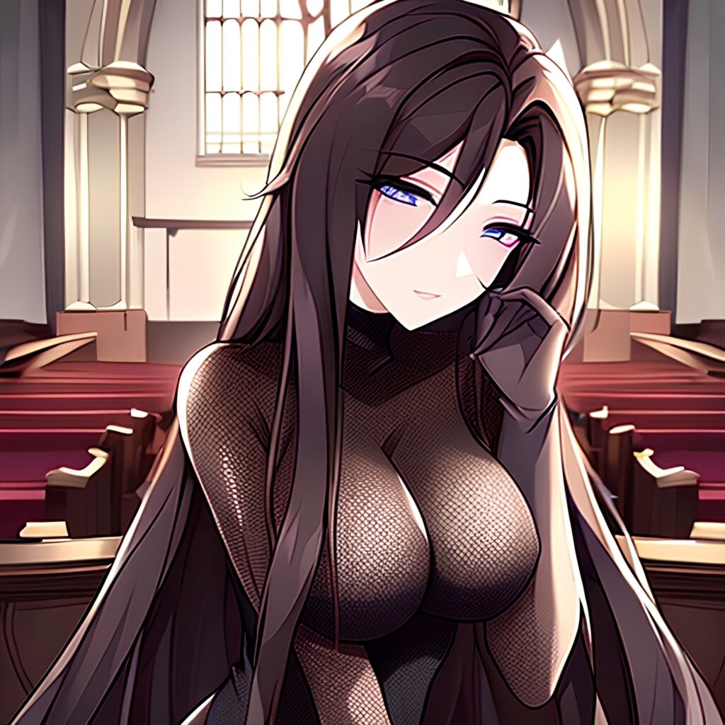 long hair church messy hair brunette fishnet woman 