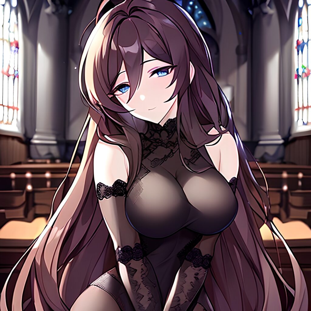 long hair church messy hair brunette woman fishnet 