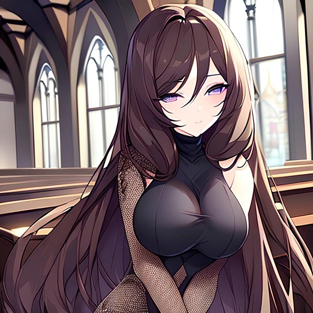 long hair church messy hair brunette woman fishnet 