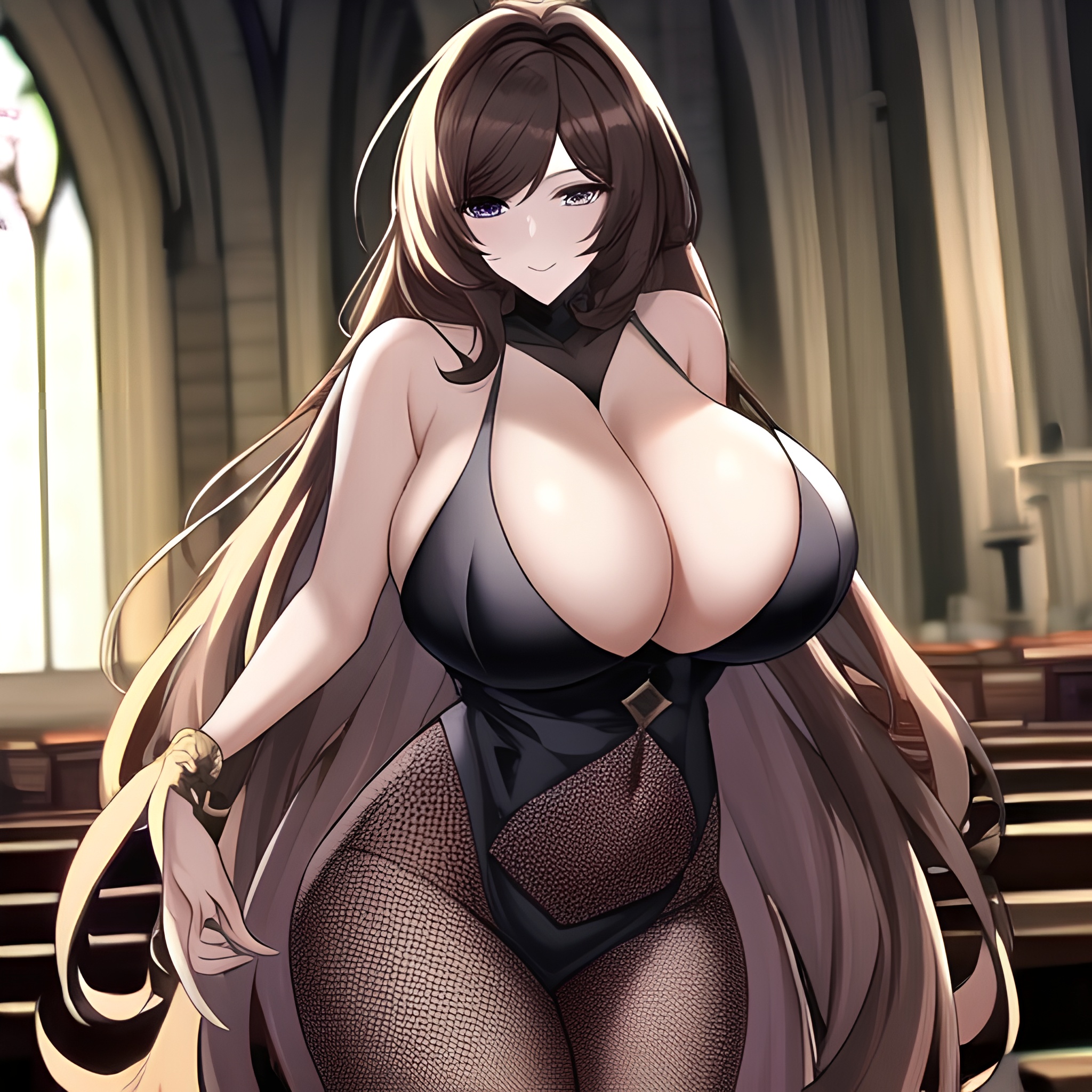 long hair church messy hair brunette woman fishnet