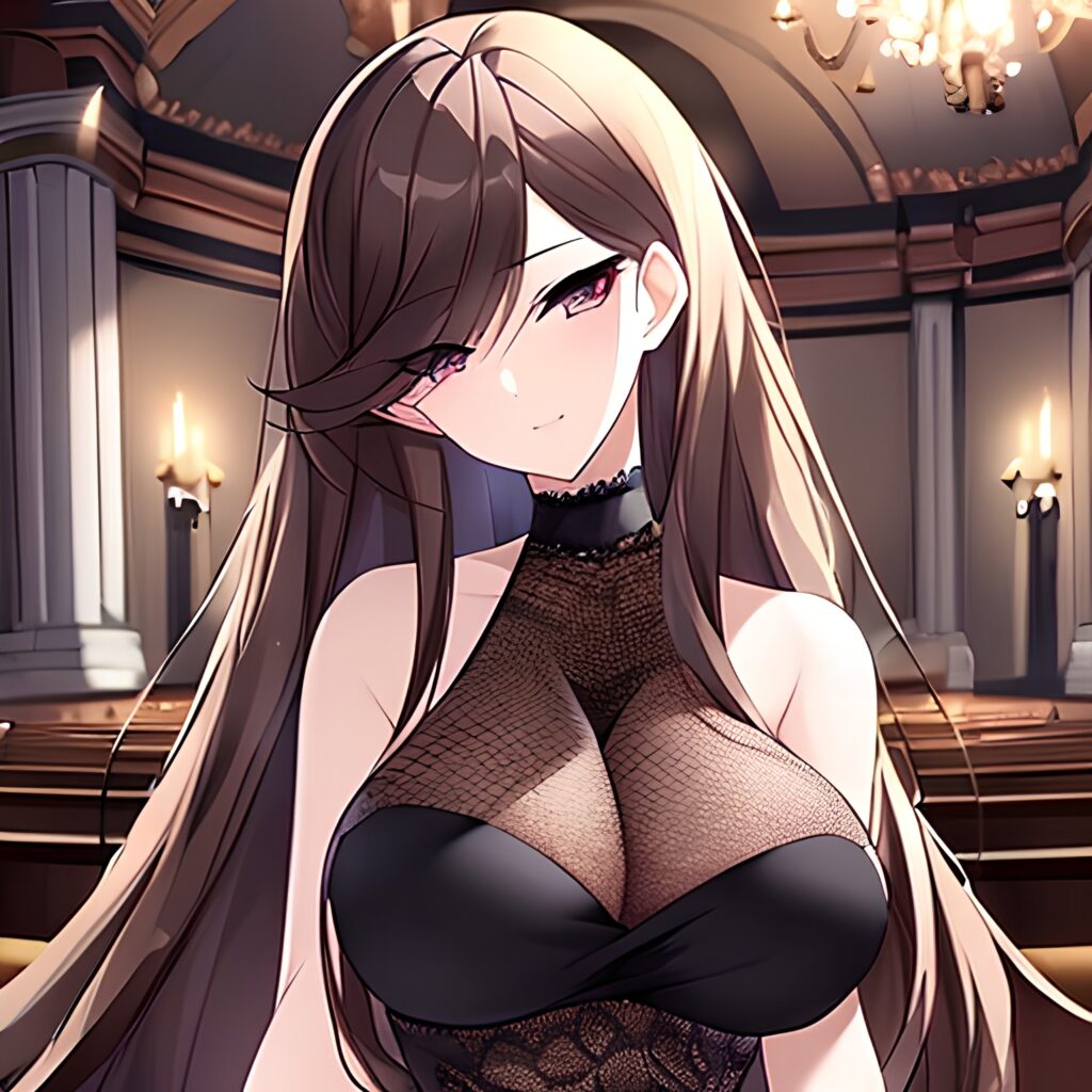 long hair church messy hair brunette woman fishnet 