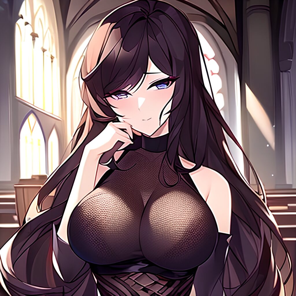 long hair church messy hair fishnet brunette woman 