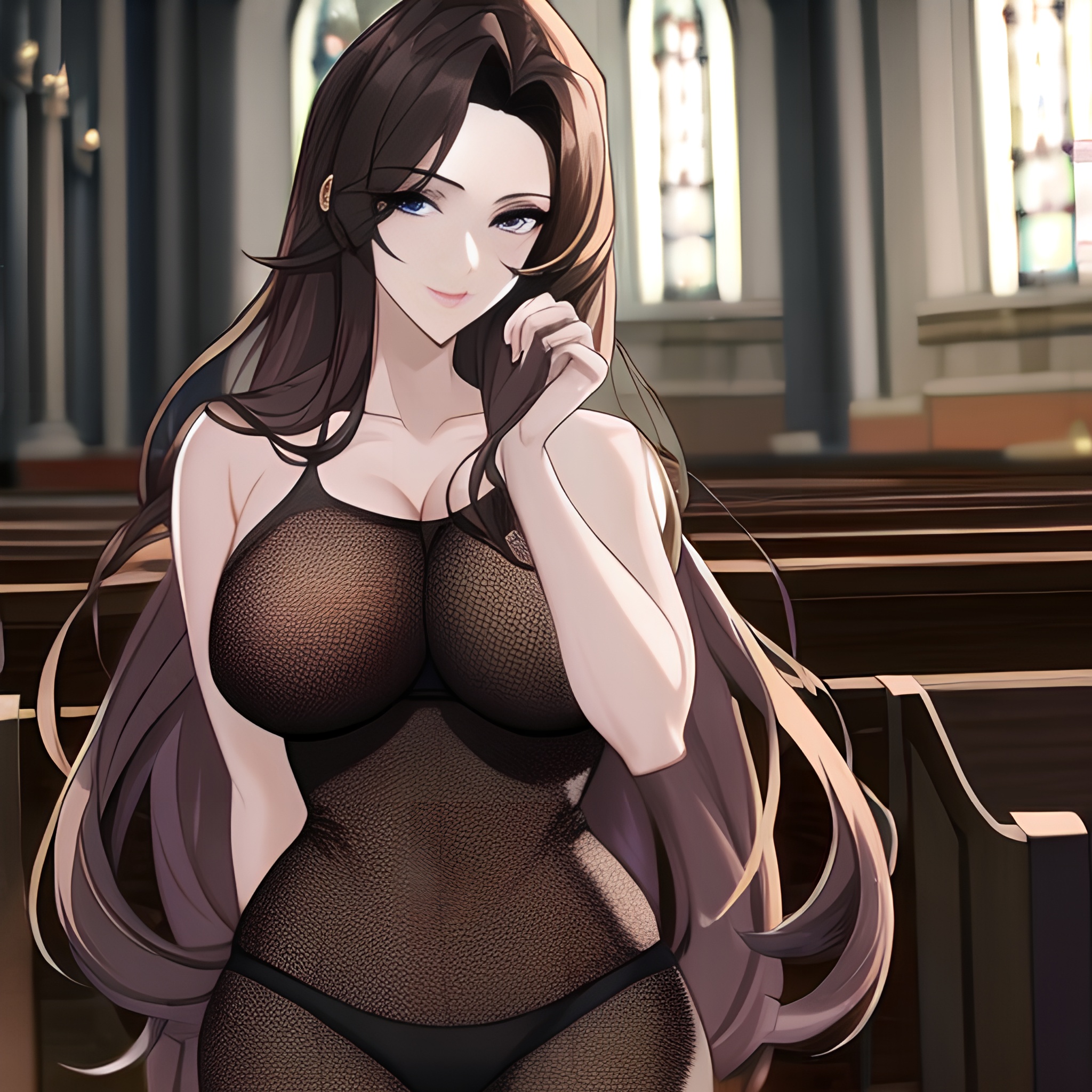 long hair church messy hair fishnet woman brunette 