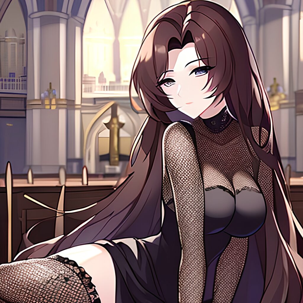 long hair church messy hair woman brunette fishnet 