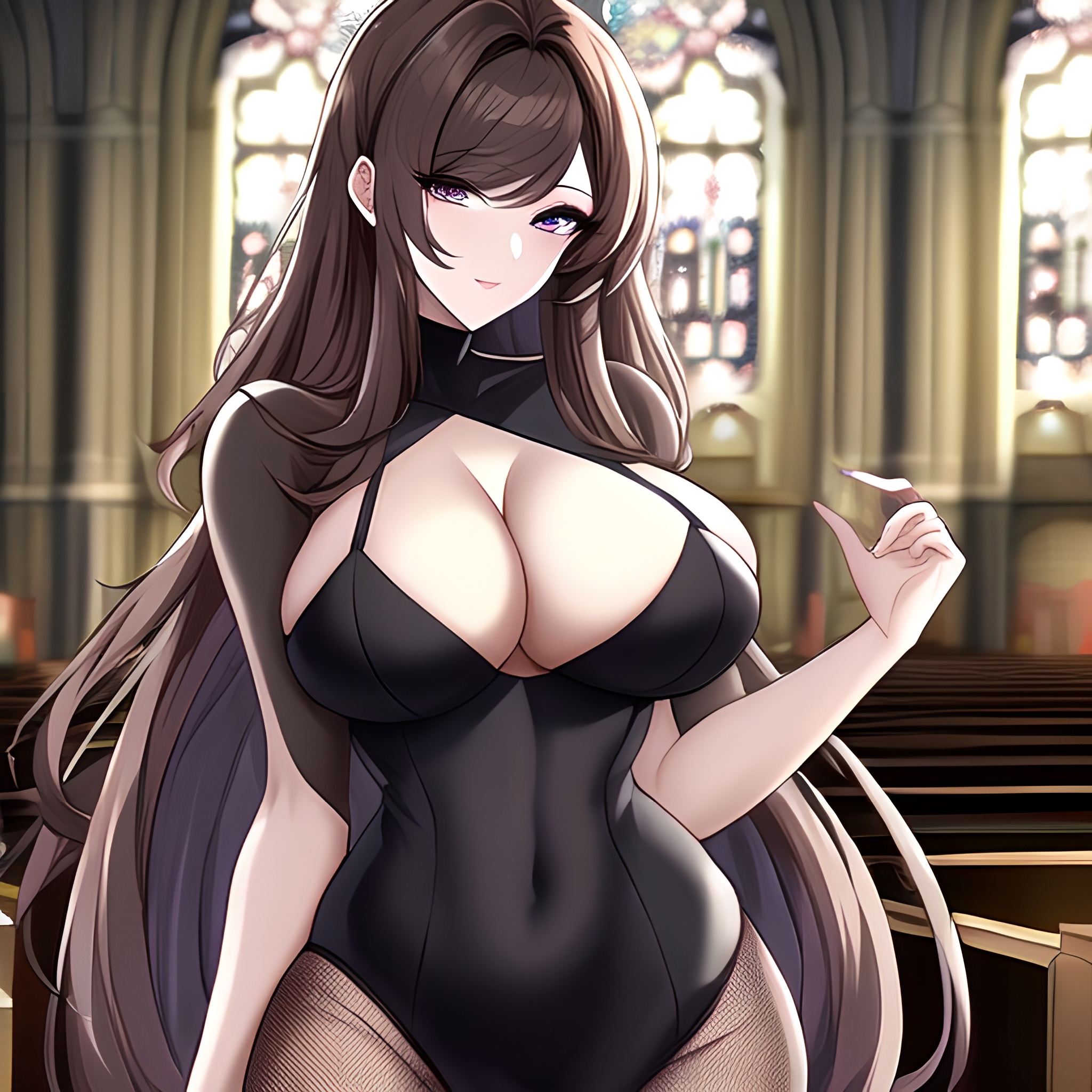 long hair church woman brunette fishnet messy hair 