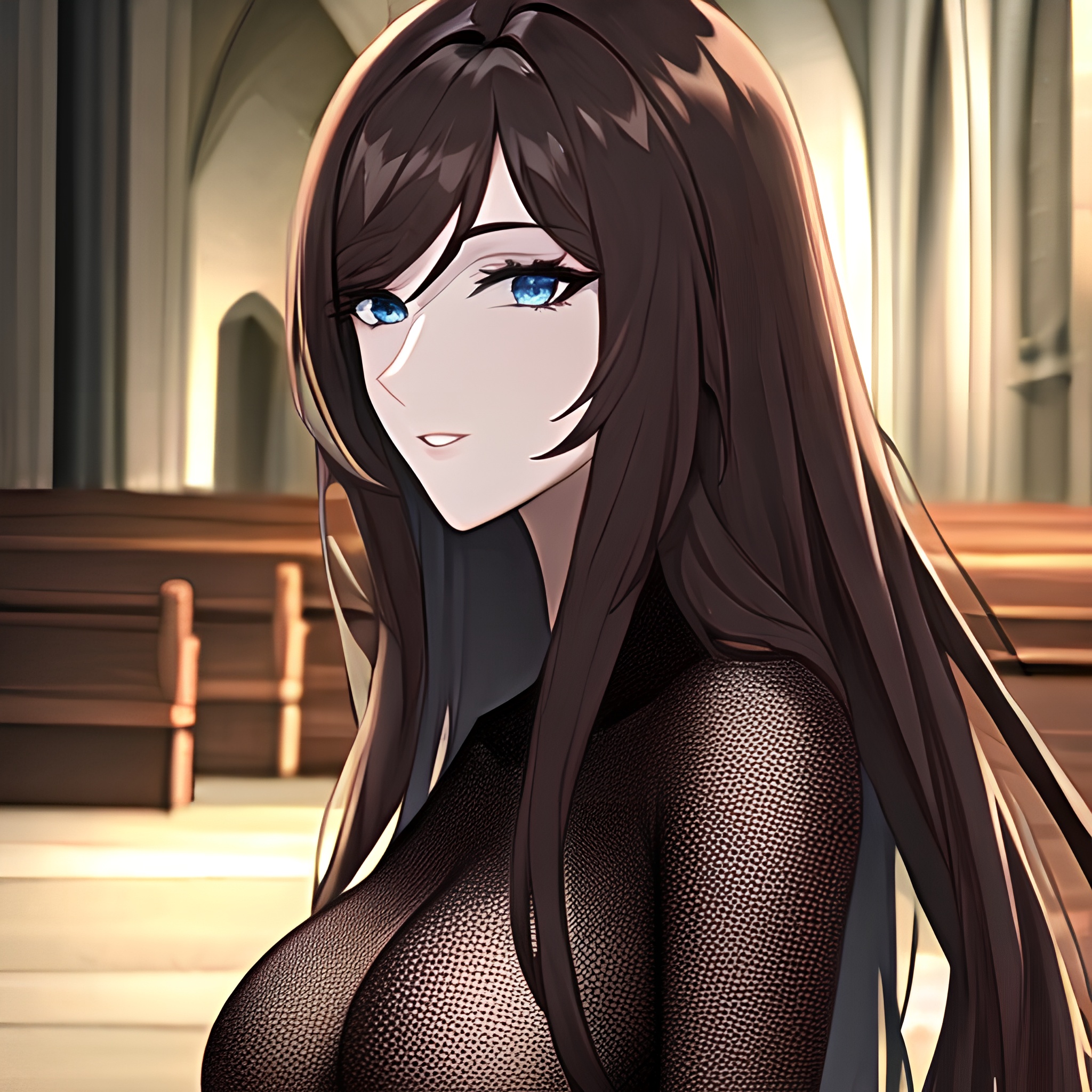 long hair church woman brunette fishnet messy hair 