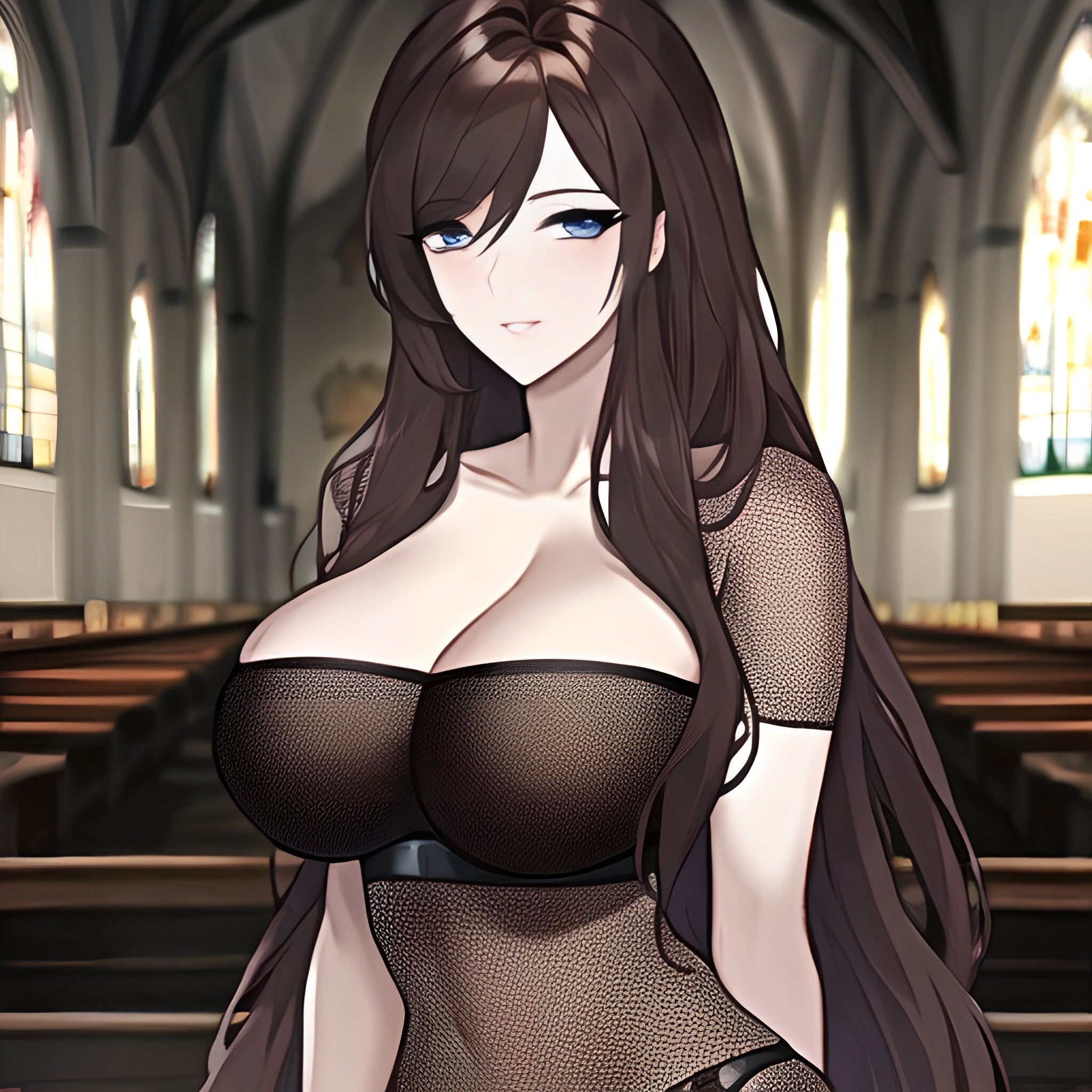 long hair church woman brunette fishnet messy hair 