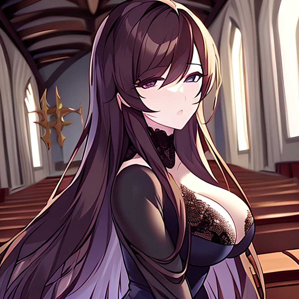 long hair church woman brunette messy hair fishnet