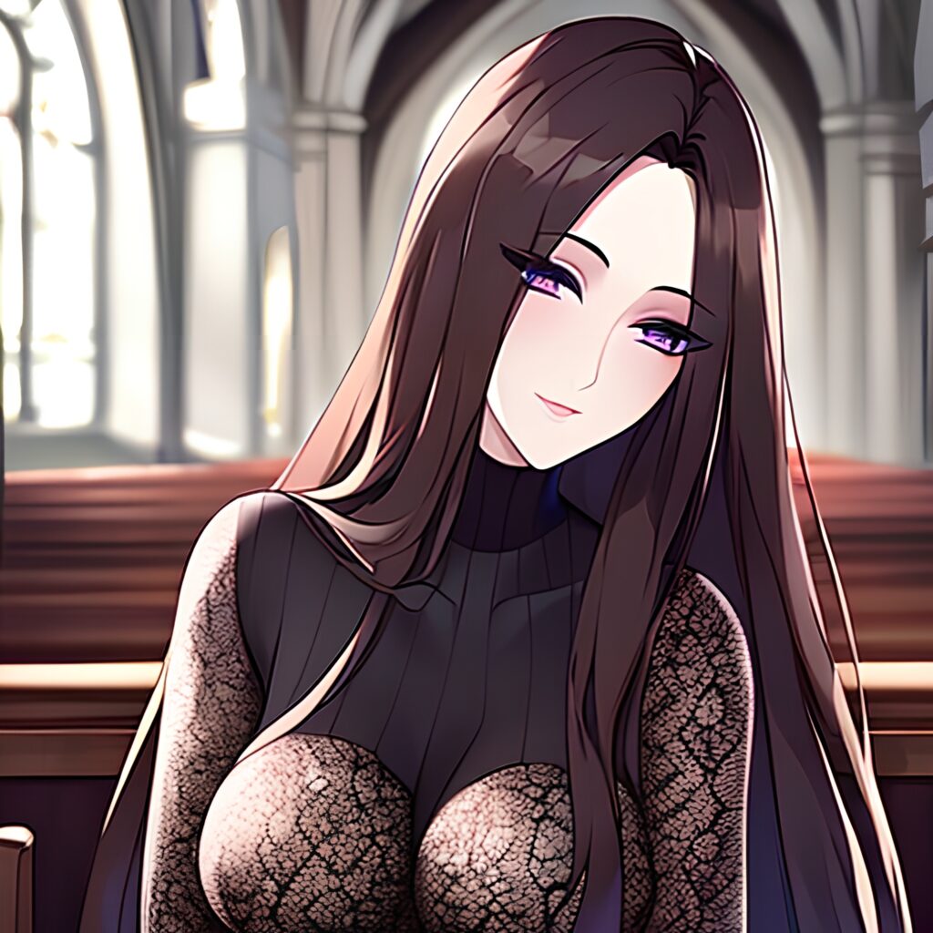 long hair church woman brunette messy hair fishnet 