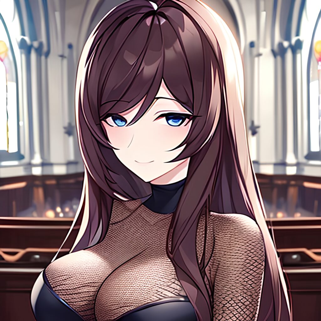 long hair church woman brunette messy hair fishnet 