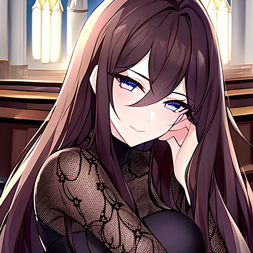 long hair church woman brunette messy hair fishnet