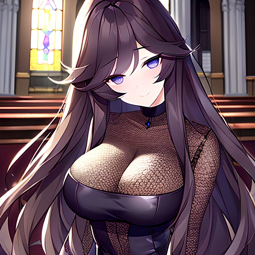 long hair church woman brunette messy hair fishnet