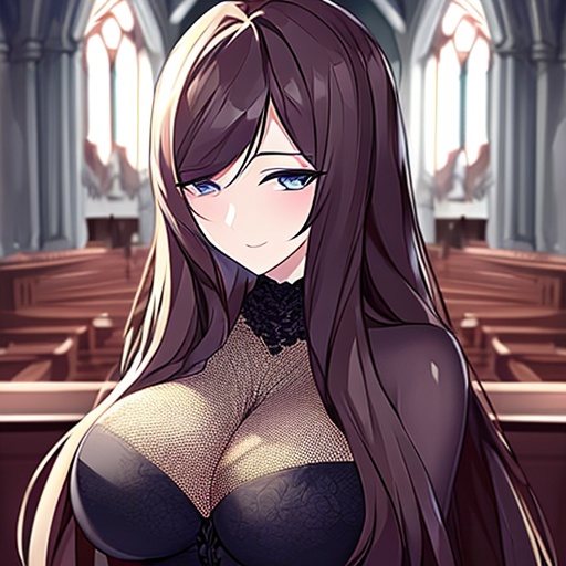 long hair church woman brunette messy hair fishnet 