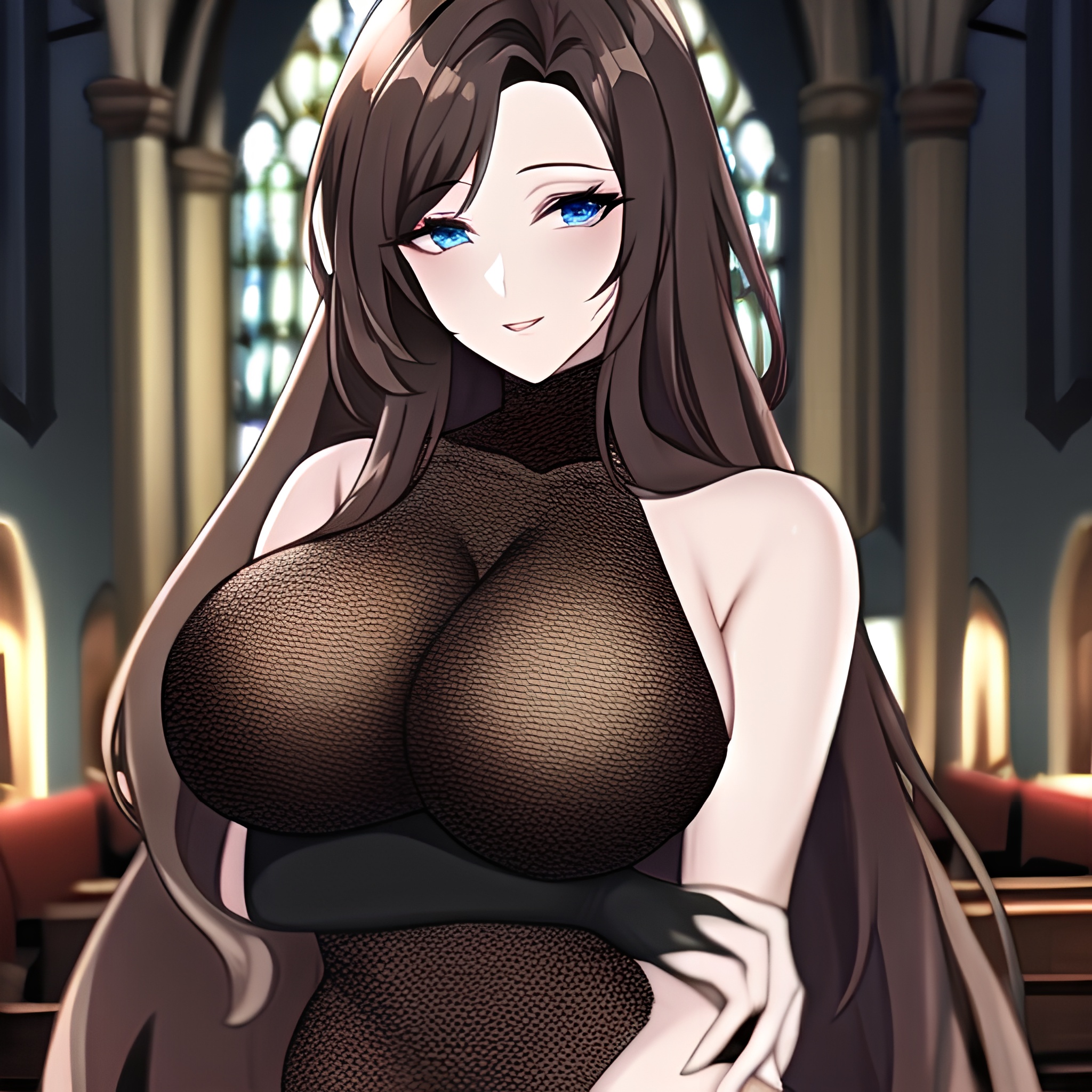 long hair church woman fishnet messy hair brunette 