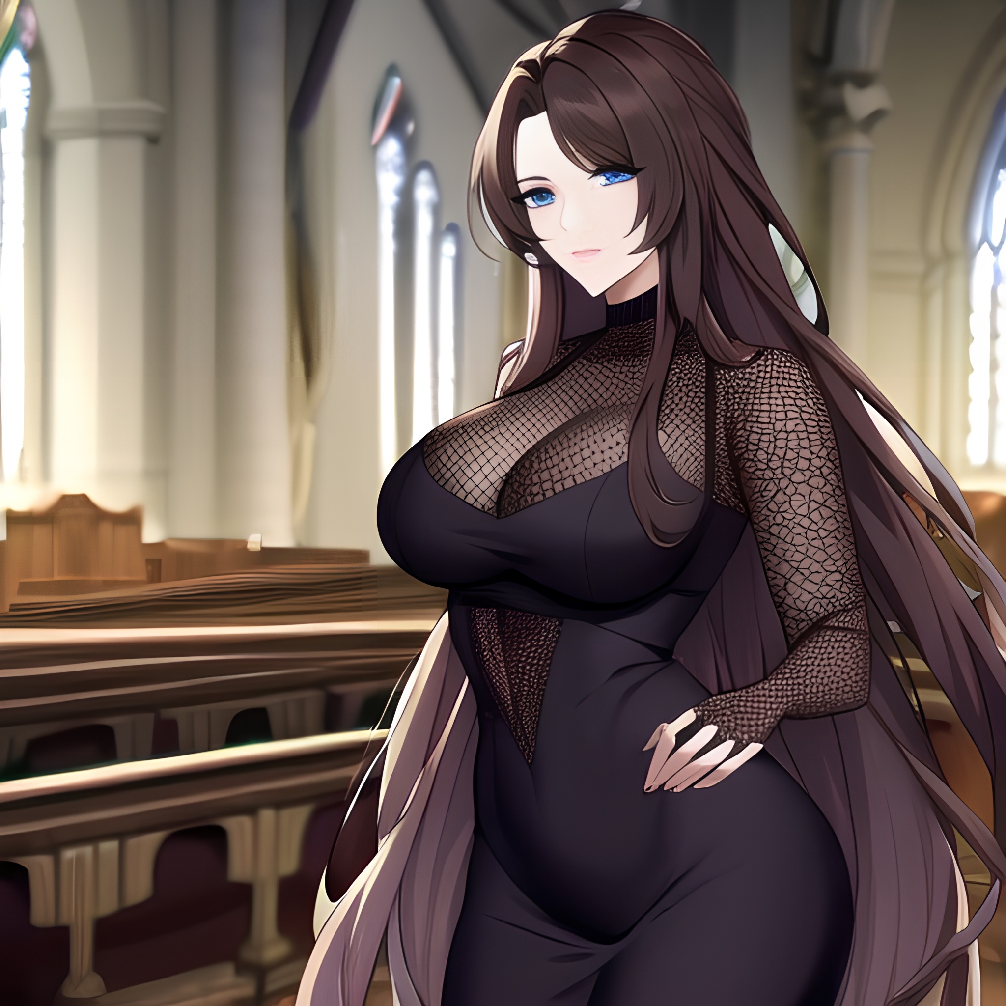 long hair church woman fishnet messy hair brunette
