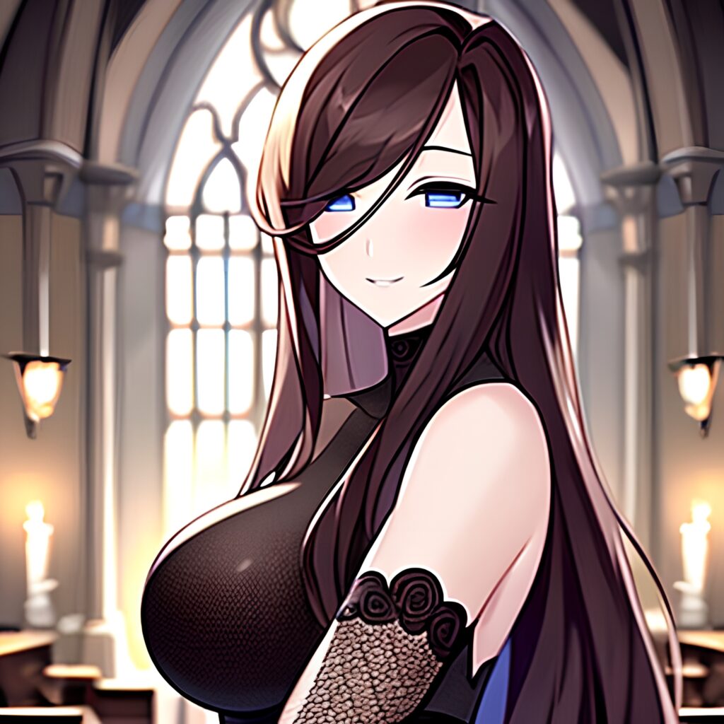 long hair church woman messy hair brunette fishnet 