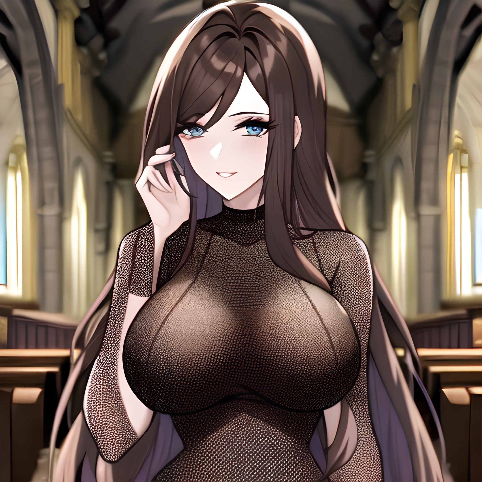 long hair church woman messy hair brunette fishnet
