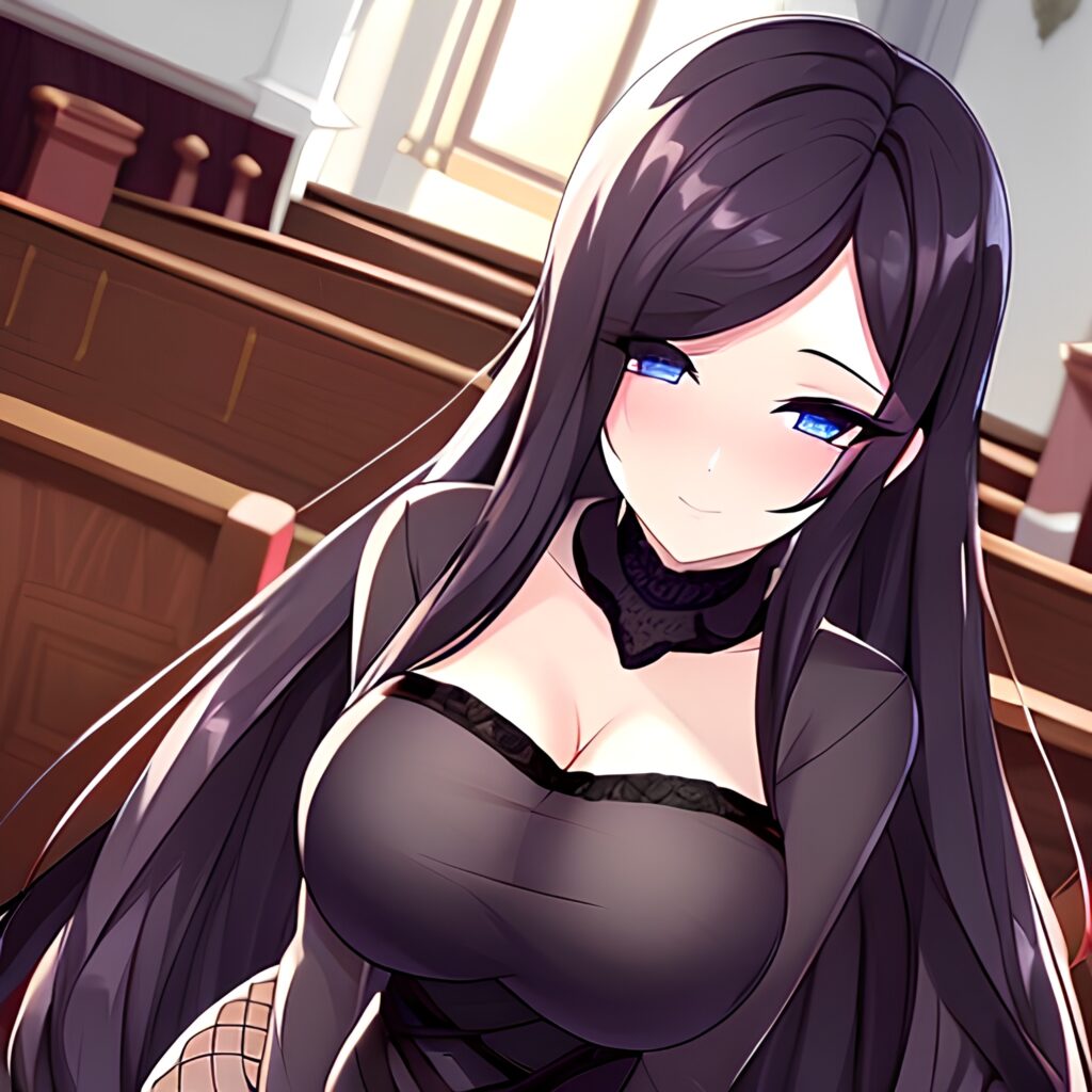 long hair church woman messy hair fishnet brunette