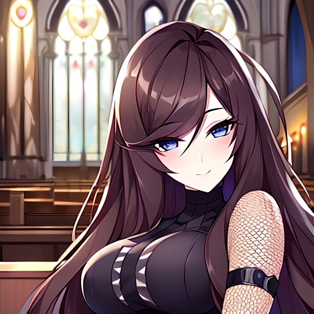 long hair church woman messy hair fishnet brunette 