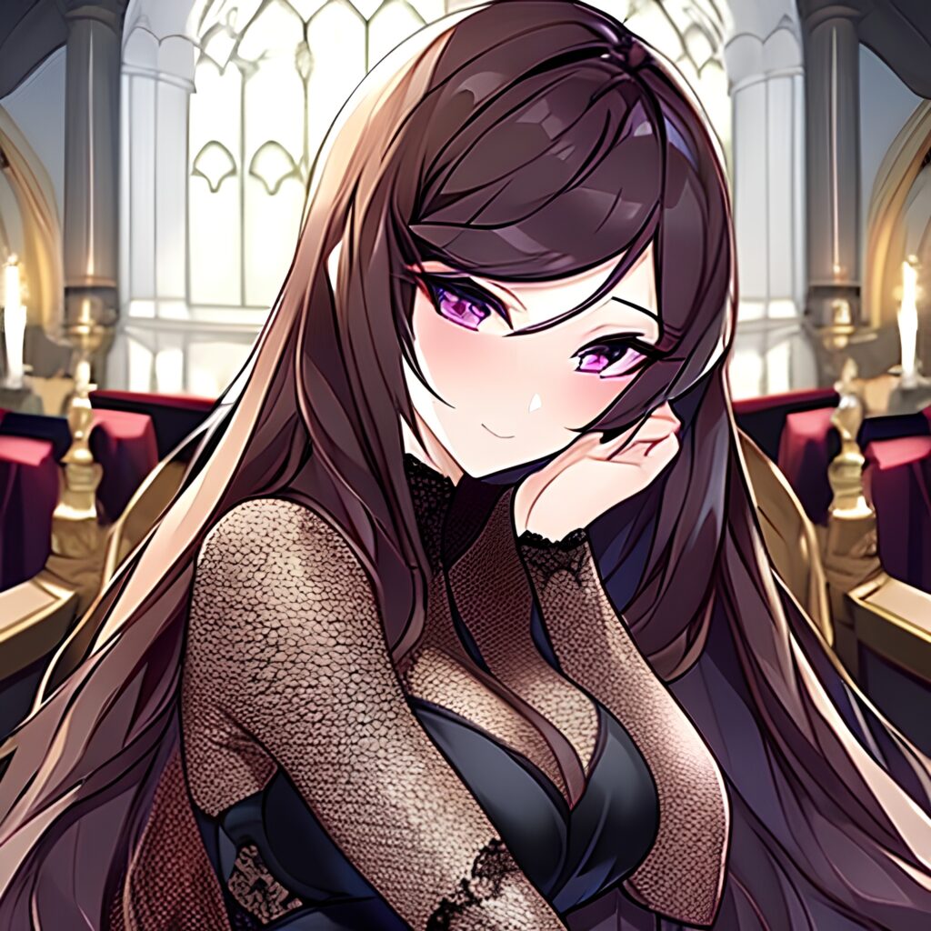 long hair church woman messy hair fishnet brunette