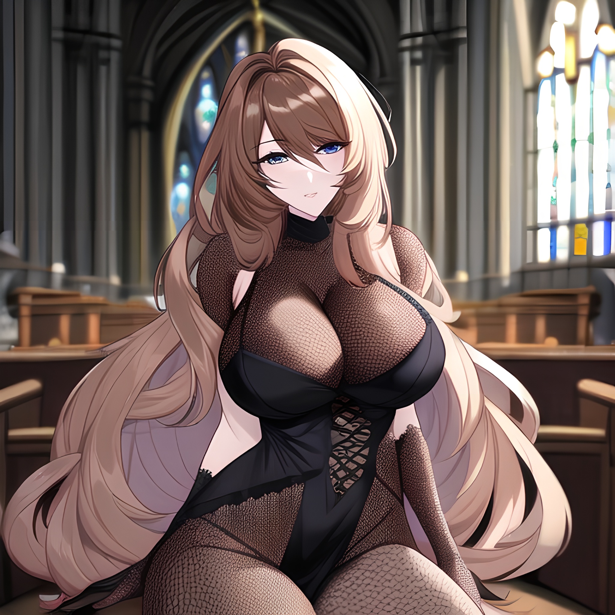 long hair church woman messy hair fishnet brunette 