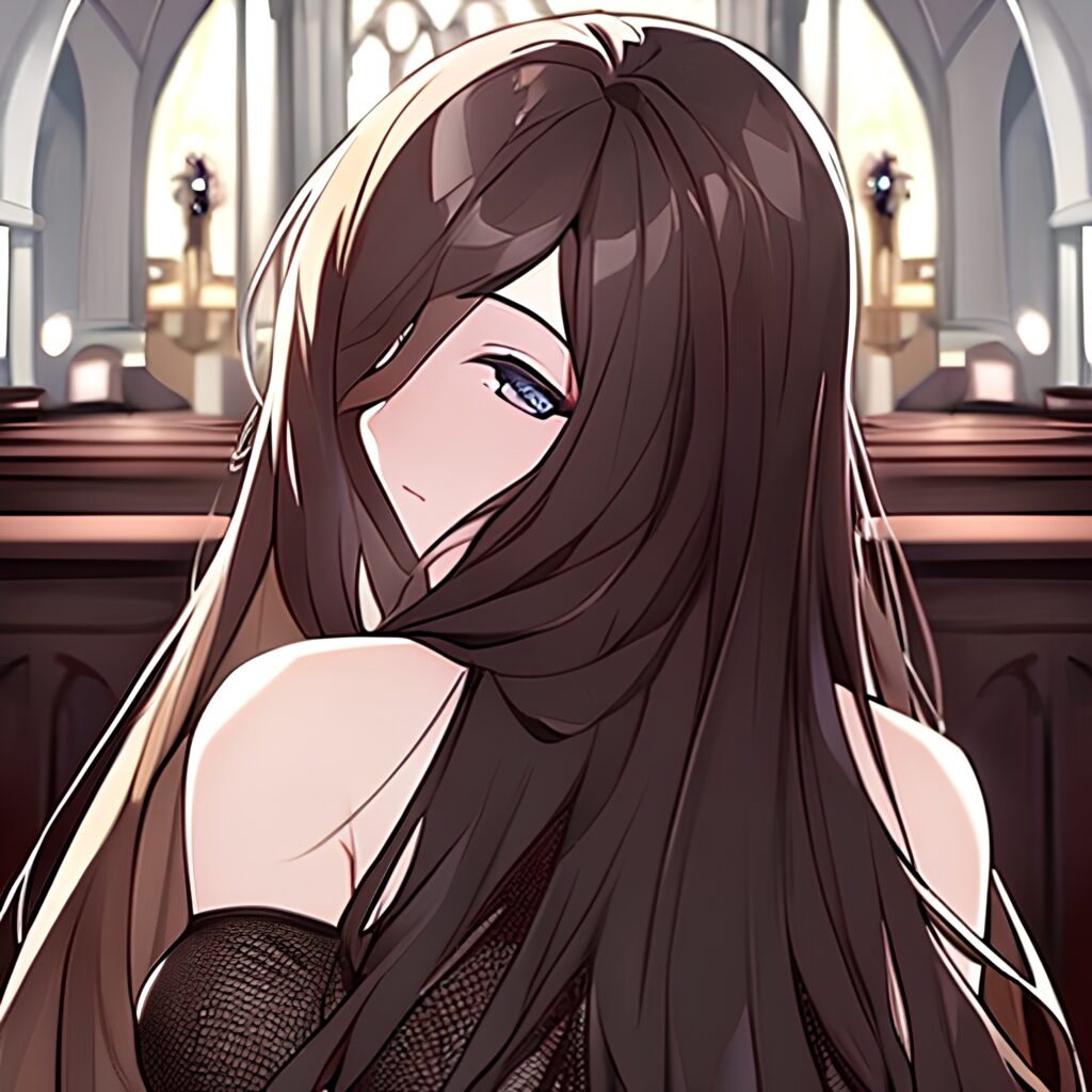 long hair church woman messy hair fishnet brunette