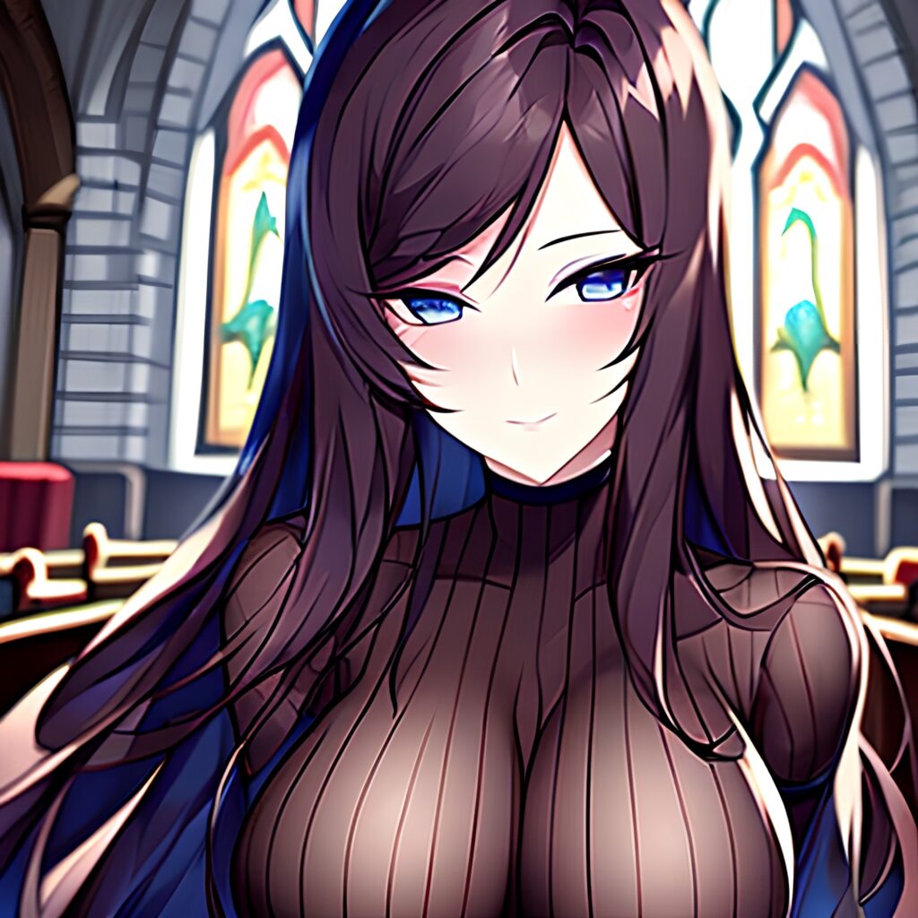 long hair church woman messy hair fishnet brunette