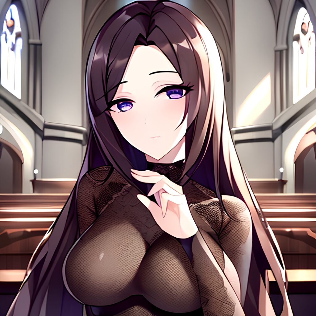 long hair fishnet brunette church messy hair woman