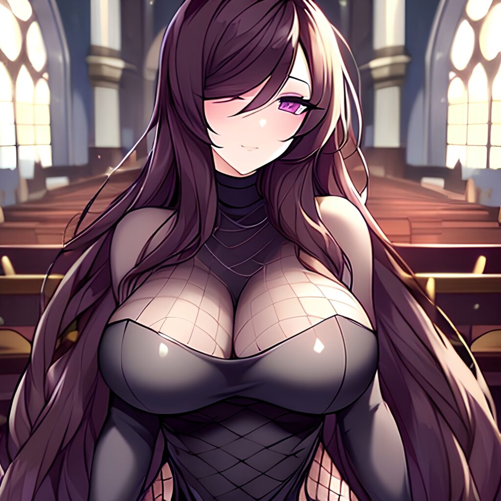 long hair fishnet brunette church woman messy hair