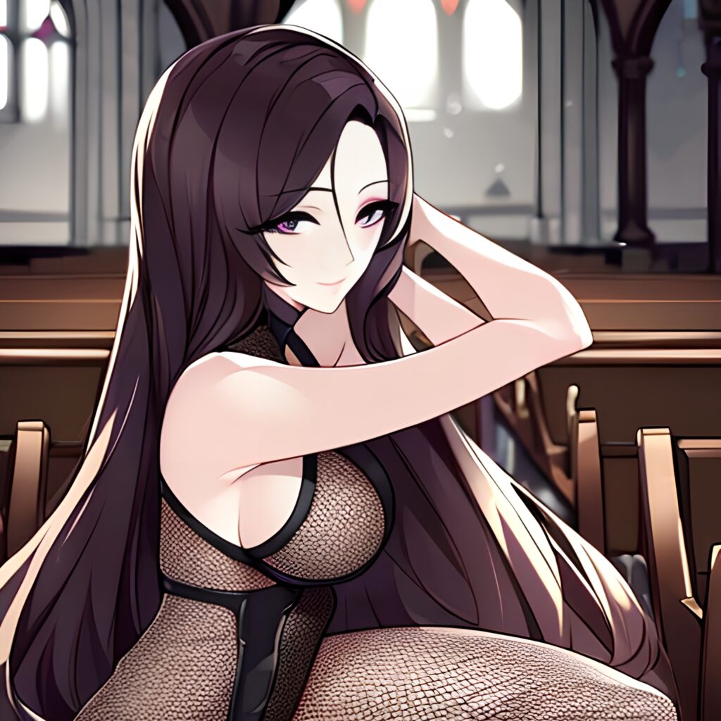 long hair fishnet brunette church woman messy hair 