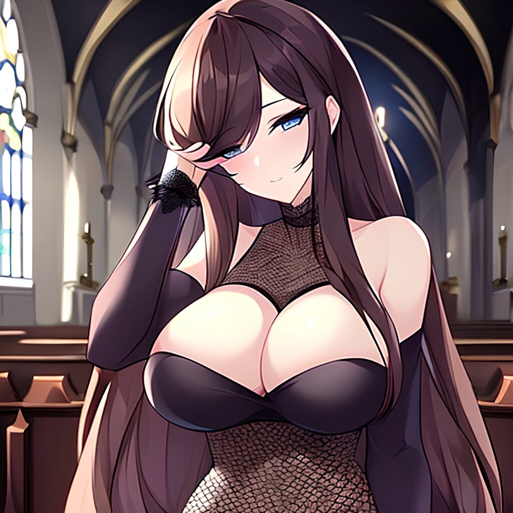 long hair fishnet brunette church woman messy hair