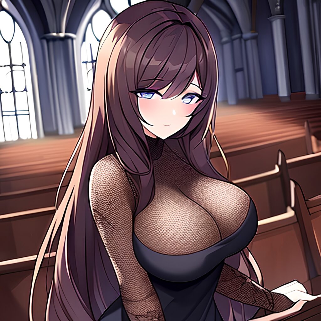 long hair fishnet brunette messy hair church woman 