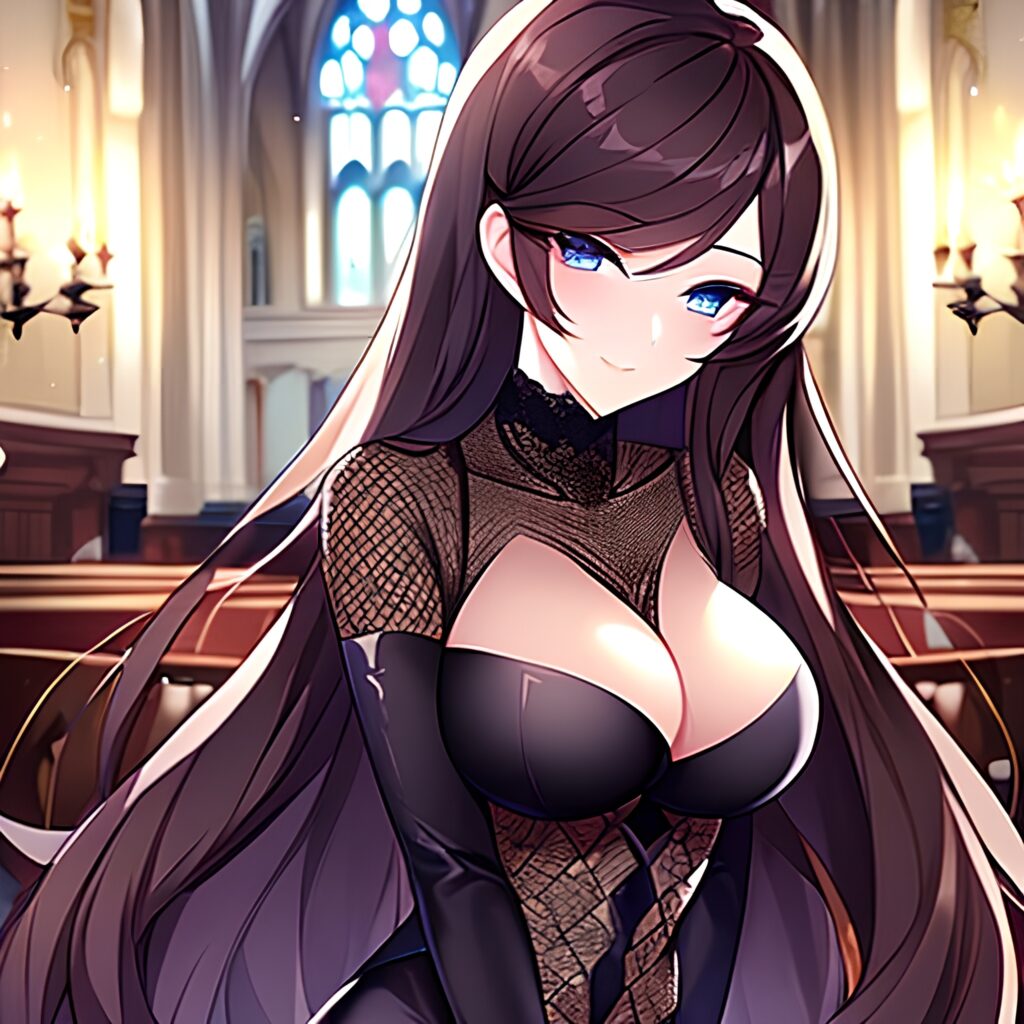 long hair fishnet brunette messy hair church woman 