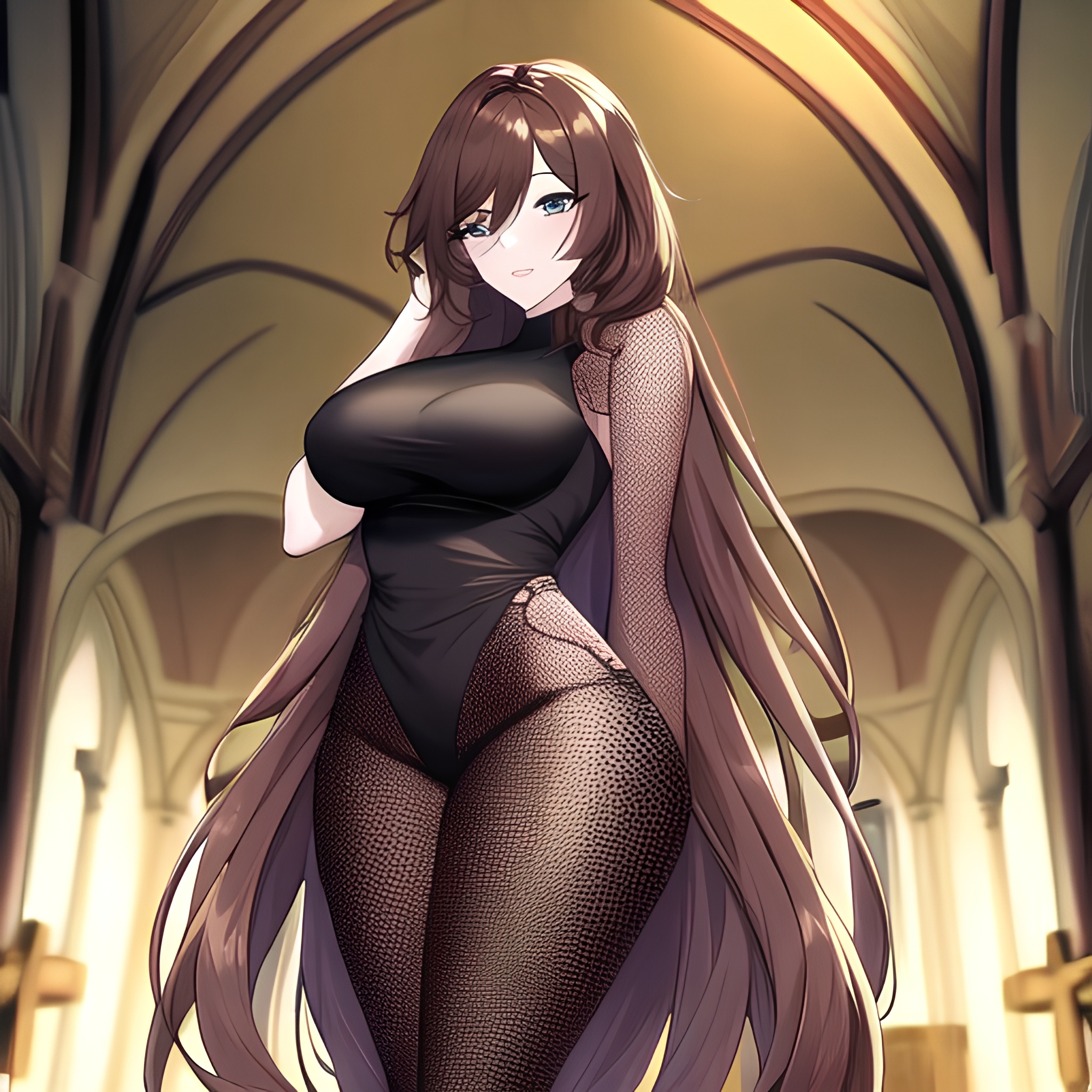 long hair fishnet brunette messy hair woman church 