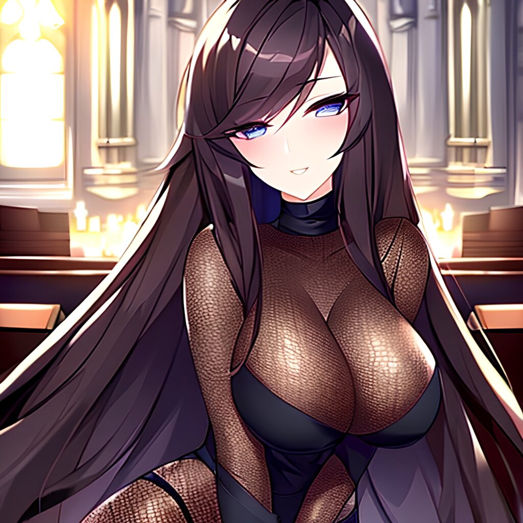 long hair fishnet brunette messy hair woman church 