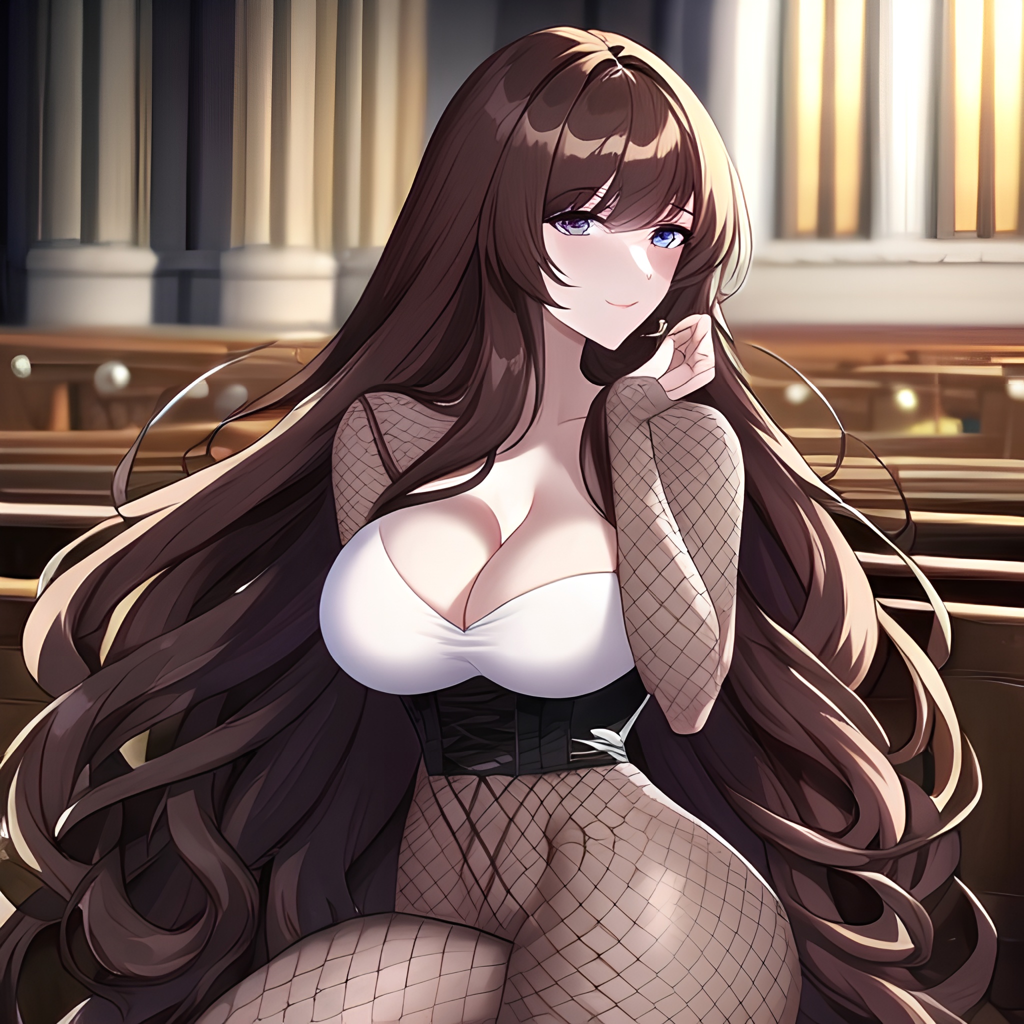 long hair fishnet brunette woman church messy hair