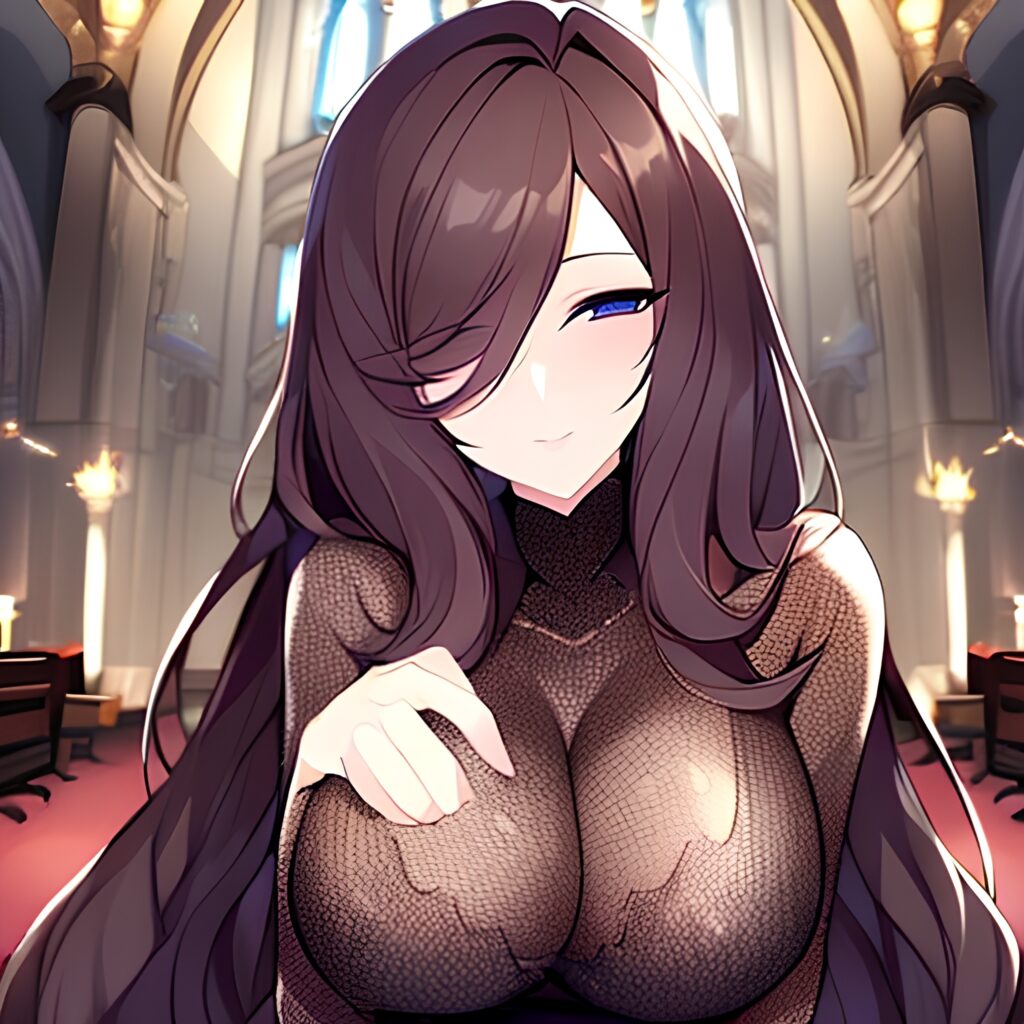 long hair fishnet brunette woman church messy hair