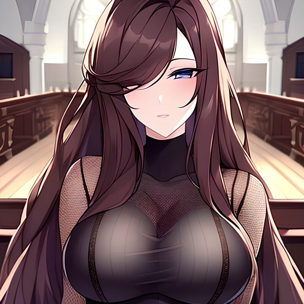 long hair fishnet brunette woman church messy hair 