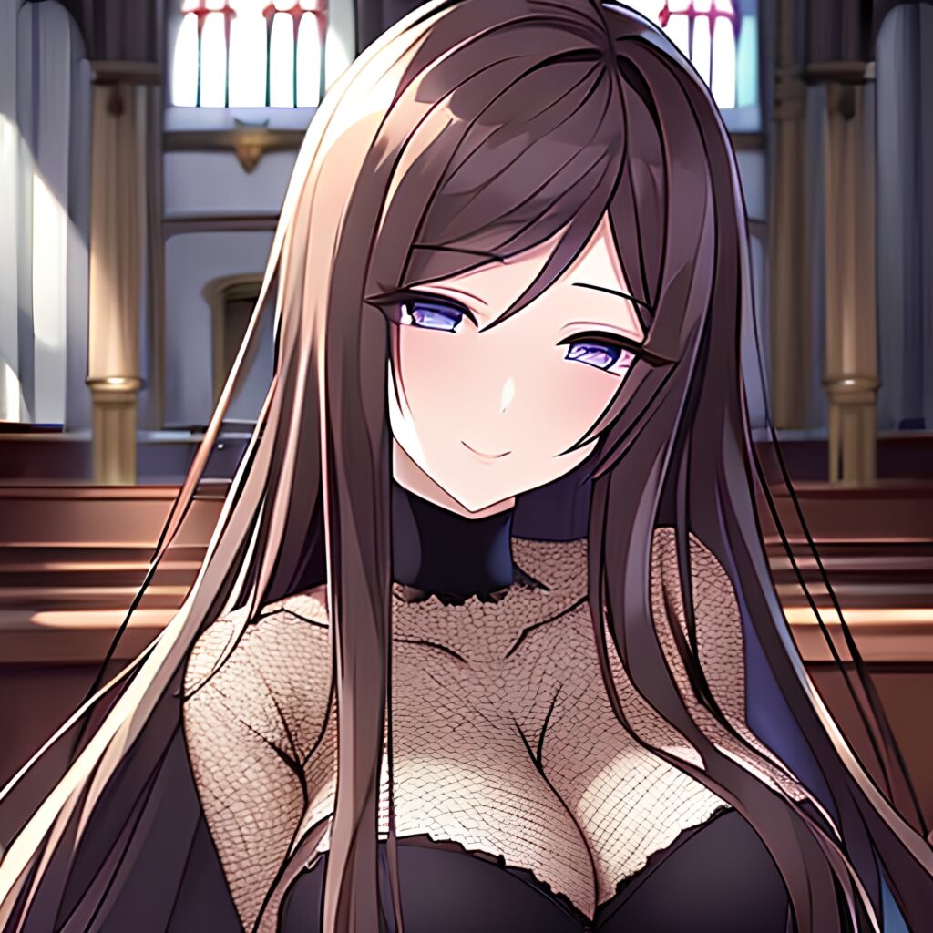 long hair fishnet brunette woman messy hair church