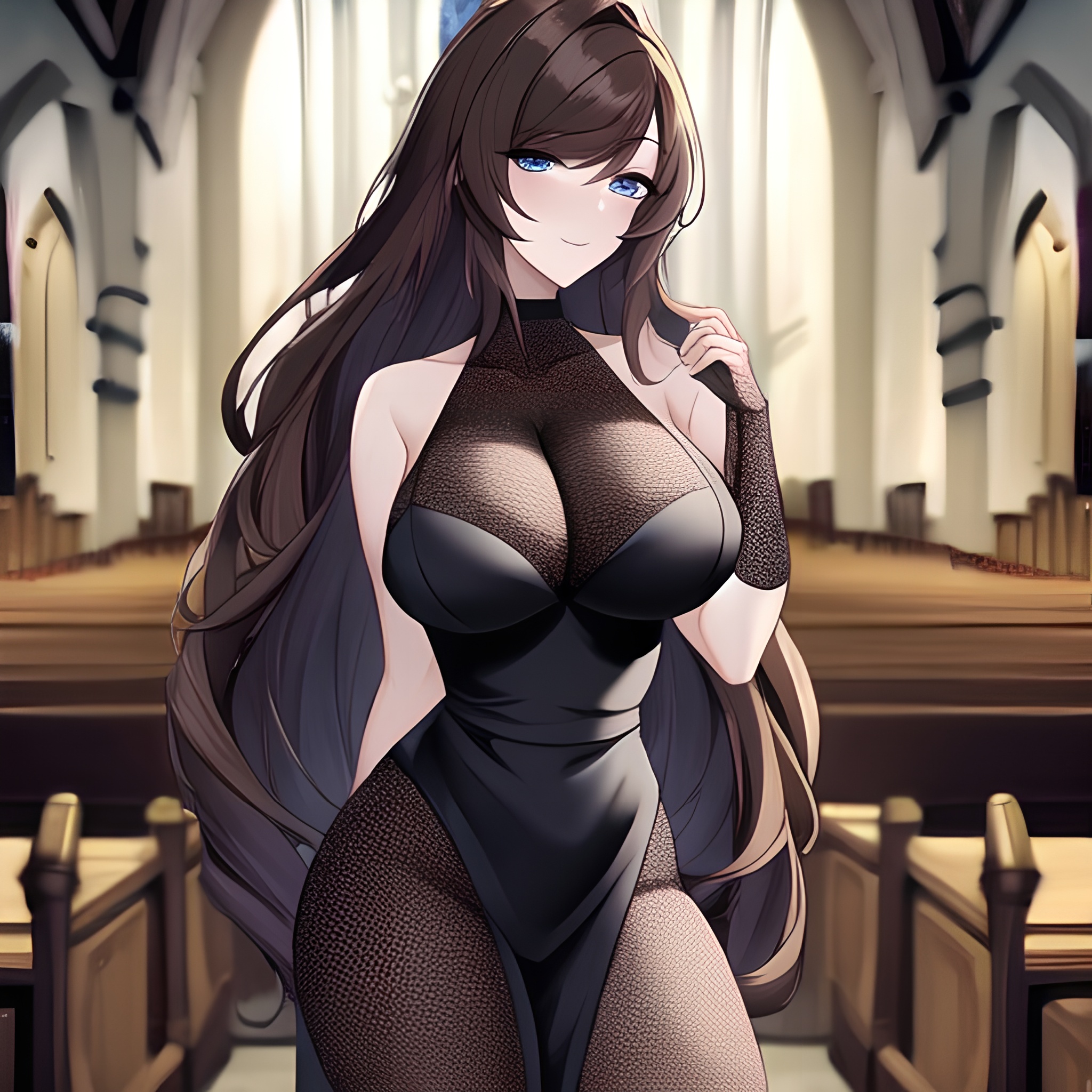 long hair fishnet church brunette woman messy hair